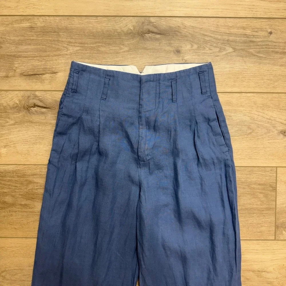 Zara Blue Linen Ultra High Waisted Wide Leg Pleated Trousers Pants Scandi Size S